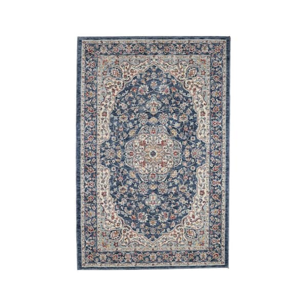 Laura Ashley Navy and Cream 3 ft. x 5 ft. Medallion Turkish Chenille Area Rug