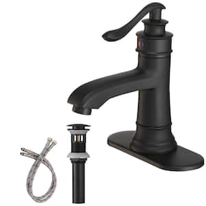 Single Handle Single Hole Bathroom Sink Faucet with Pop-Up Drain Kit and Deckplate Included in Matte Black