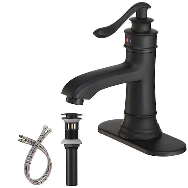 FLG Single Handle Single Hole Bathroom Sink Faucet with Pop-Up Drain Kit and Deckplate Included in Matte Black