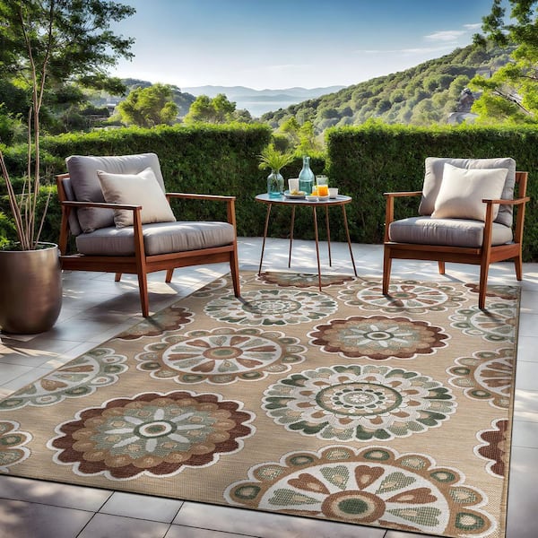 Mandala  5 ft. x 7 ft. Beige Washable Bohemian Medallion Indoor Outdoor Area Rug