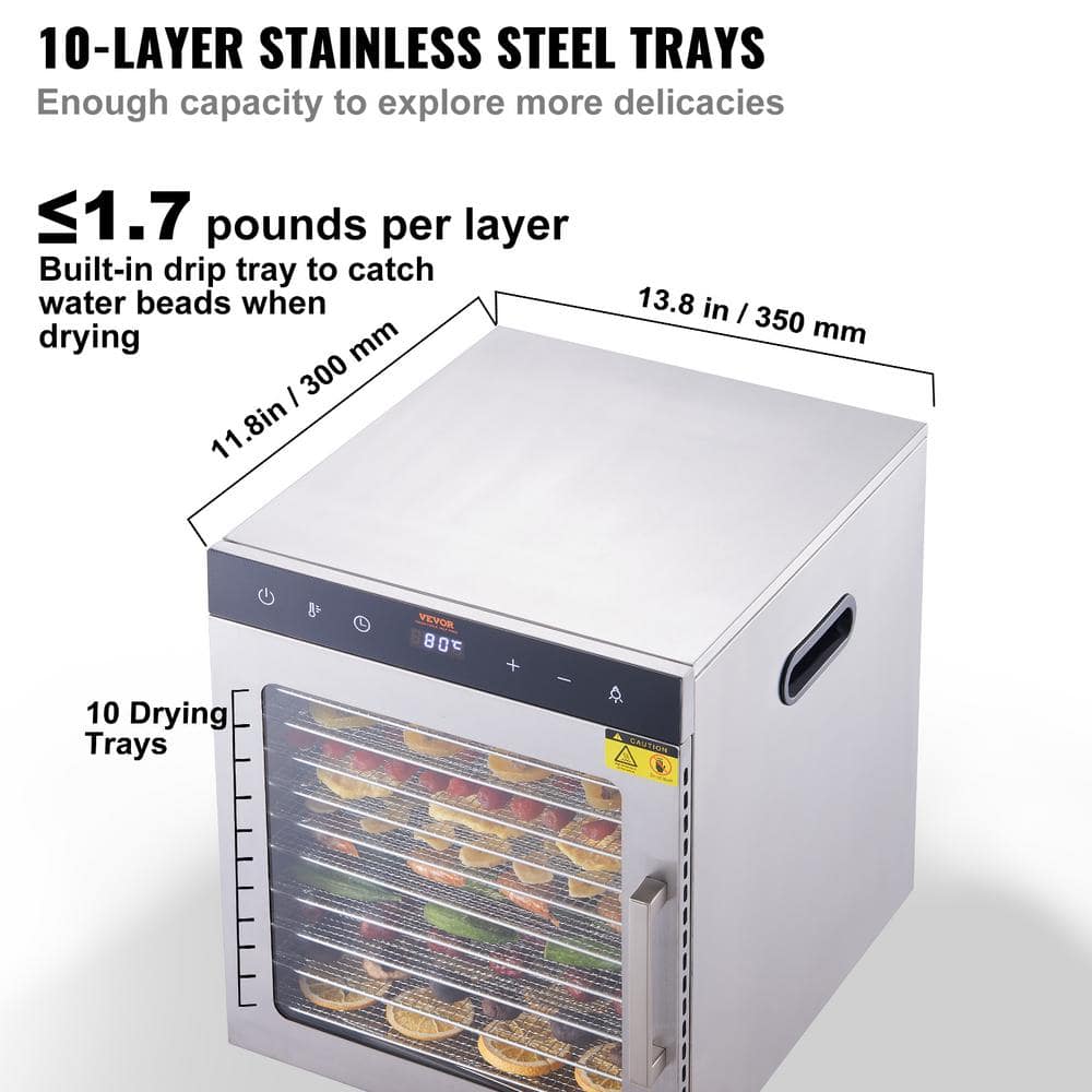 Stainless Steel 10-Tray Food Dehydrator with Adjustable Thermostat