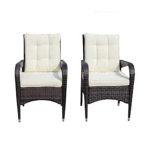 2-Piece Wicker Outdoor Dining Chairs with Beige Cushions