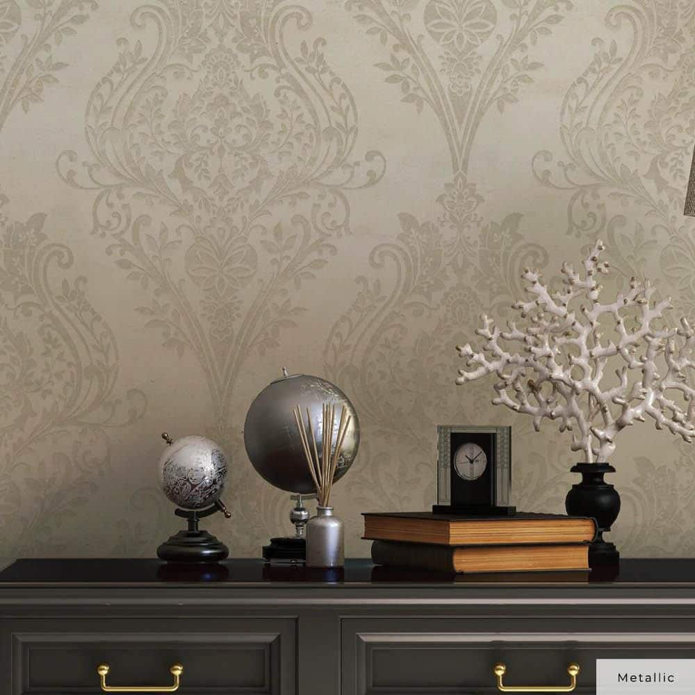 Champagne Damask Non-Pasted Repositionable Wallpaper Roll