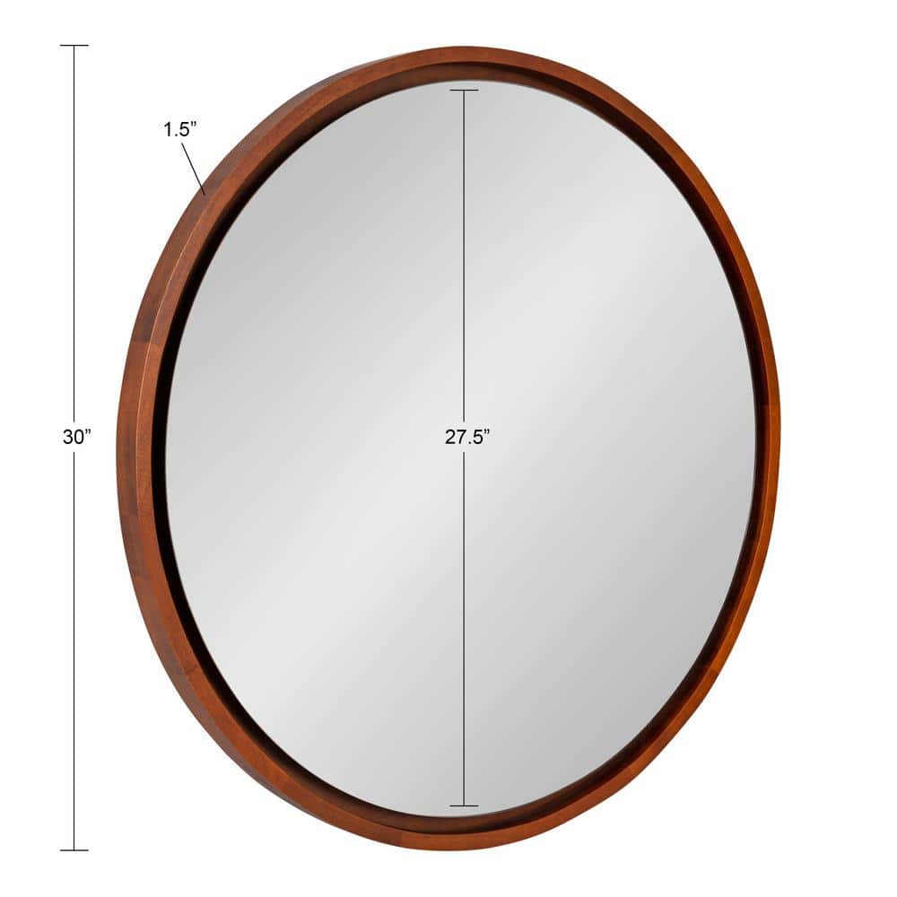 Mid-Century Boho-Chic Round Walnut Wood Wall Mirror, 30"