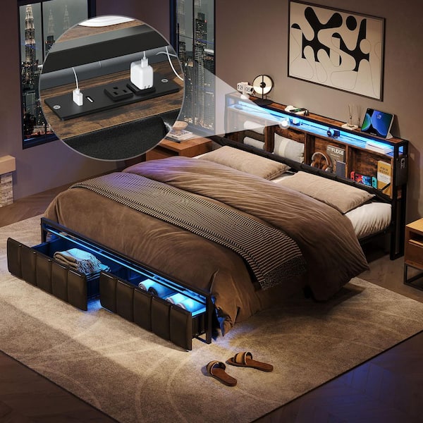 Brown Metal Frame King Size Platform Bed with Charge Station and Storage Headboard and Drawers Rustic