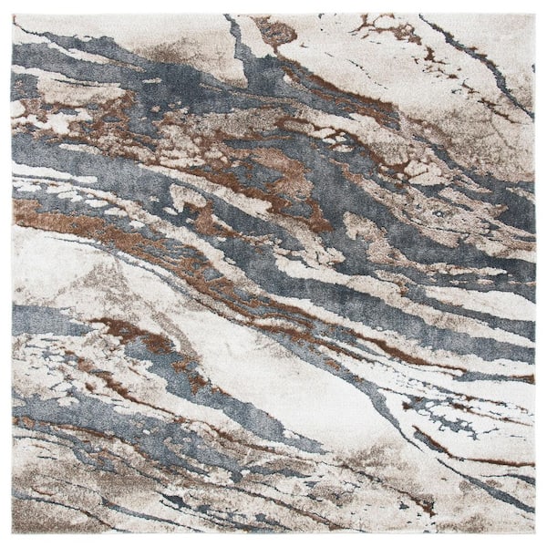 Pacific 7 ft. x 7 ft. Dark Gray/Beige Monochrome Marble Square Area Rug