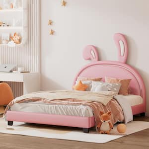 Pink Wood Frame Full Size Upholstered Leather Platform Bed with Bunny Ears Headboard