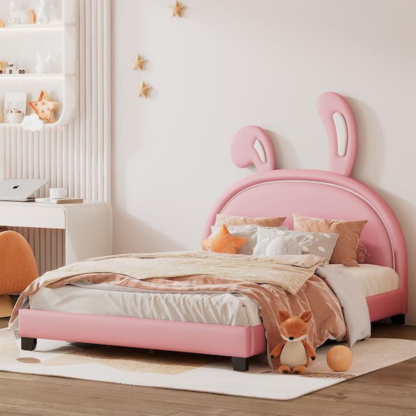 Harper & Bright Designs Pink Wood Frame Full Size Upholstered Leather Platform Bed with Bunny Ears Headboard