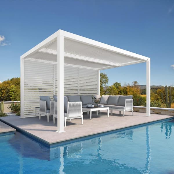 PURPLE LEAF 10 ft. x 14 ft. White Aluminum Louvered Pergola with 2-Adjustable Sunshade Roofs and 1-Long Side Fixed Shutter Wall