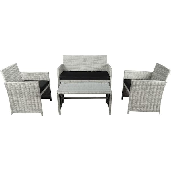 VIWAT 4- Pieces Wicker Patio Conversation Set Rattan Sofa with Black Cushions