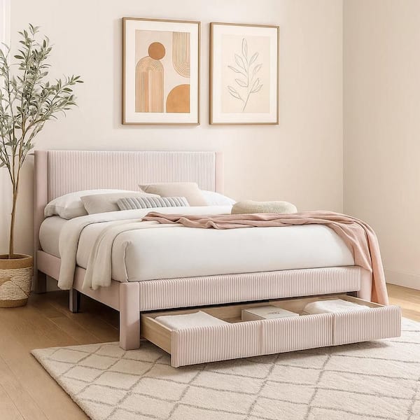 Daisy Pink Wood Frame Full Panel Bed with Upholstery Headboard