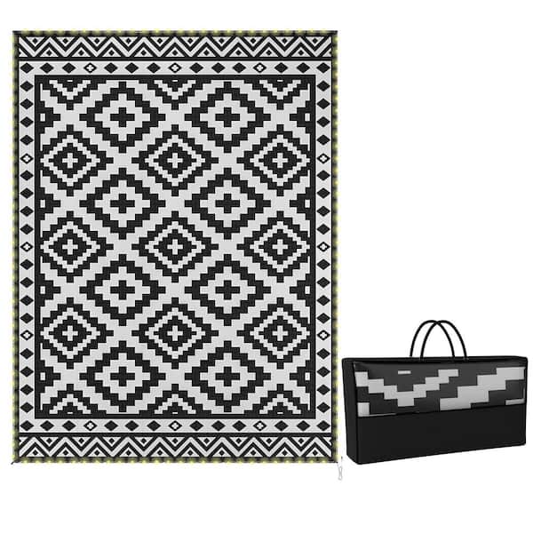 Black and White 12 ft. x 9 ft. Bohemian Reversible Waterproof Polypropylene Rectangle Outdoor Area Rug