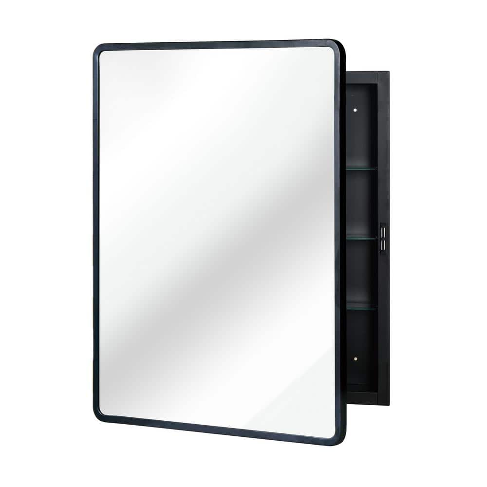 Black Bathroom Medicine Cabinet with Mirror Squared Corner Rectangle Metal 