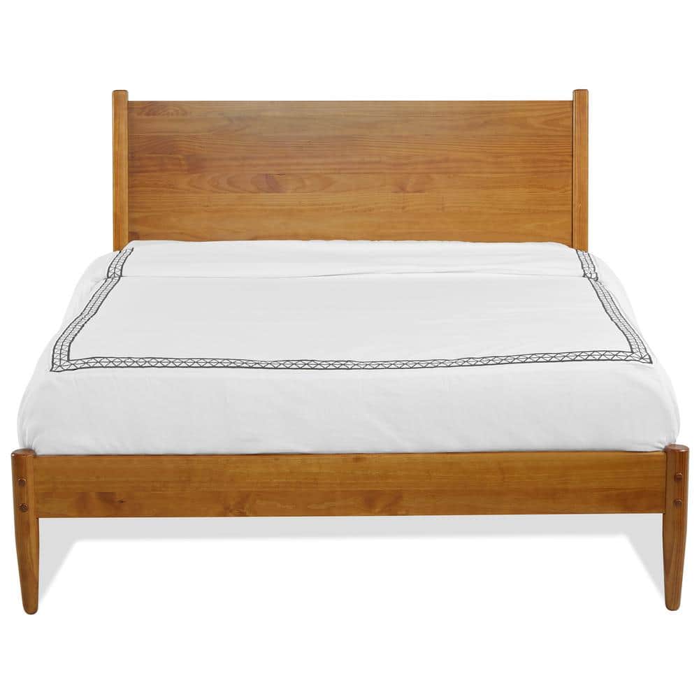 Queen Size Castanho Pine Wood Mid-Century Panel Bed