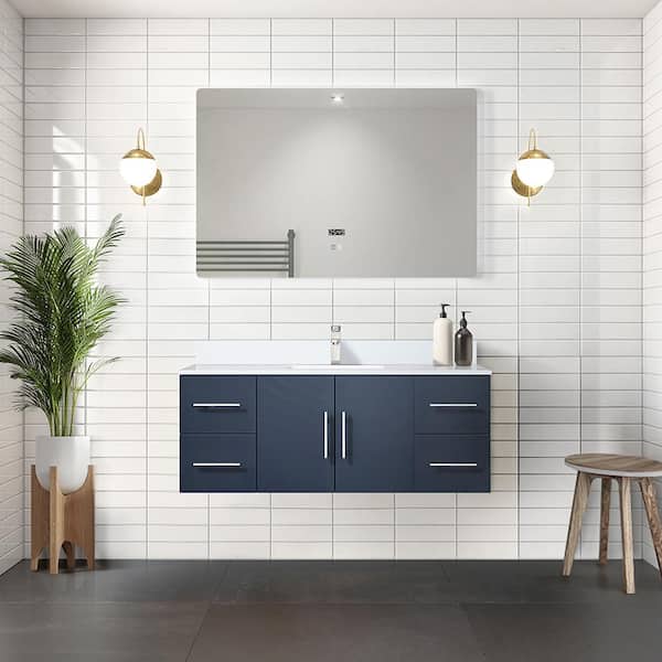 Lexora Geneva 48 in. W x 22 in. D Navy Blue Bath Vanity, White Quartz Top, Faucet Set, and 48 in. LED Mirror