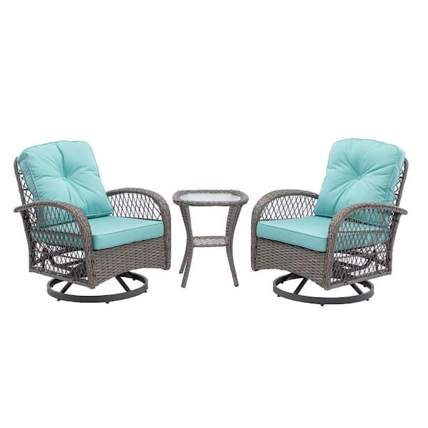 Unbranded Blue 3-Piece Metal Patio Conversation Set, Outdoor Swivel Rocker Patio Chairs with Thickened Cushions for Garden Balcony