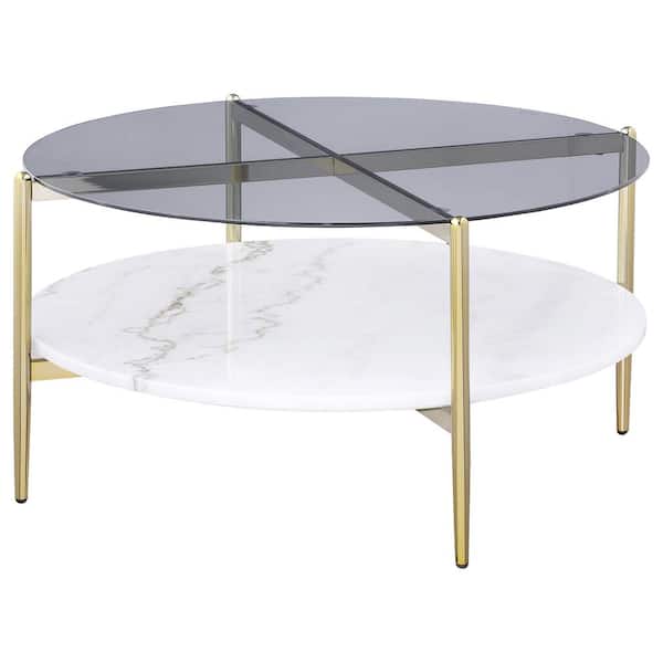 Coaster Jonelle 33.25 in. Gold and White Round Glass Top Coffee Table with Marble Shelf