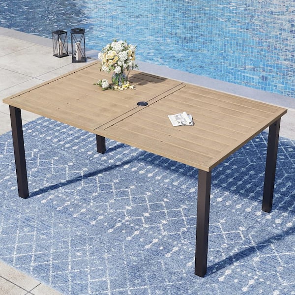 PHI VILLA Brown Rectangle Metal Patio Outdoor Dining Table with Umbrella Hole