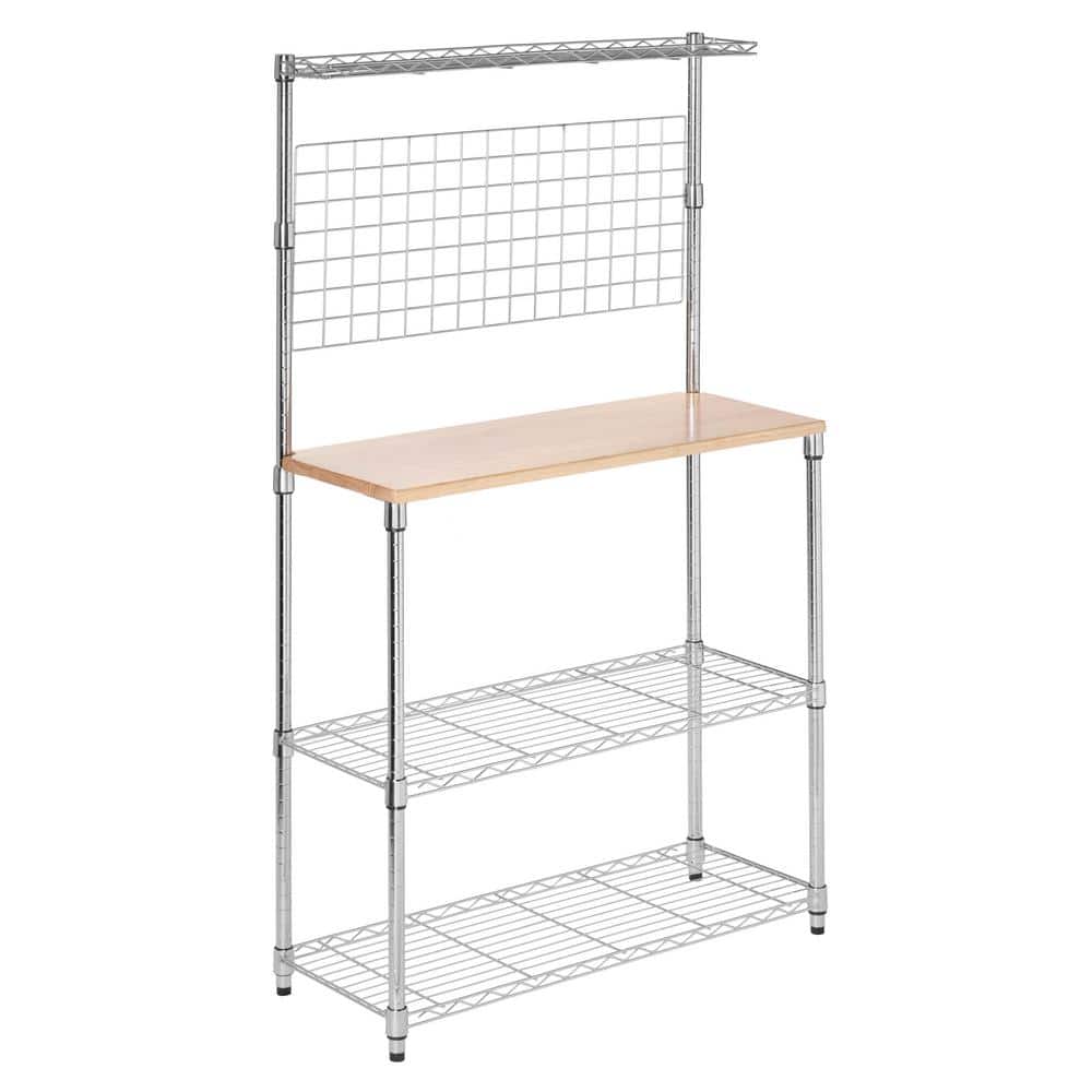 Elegant Silver 4-Shelf Adjustable Baker's Rack with Maple Cutting Board