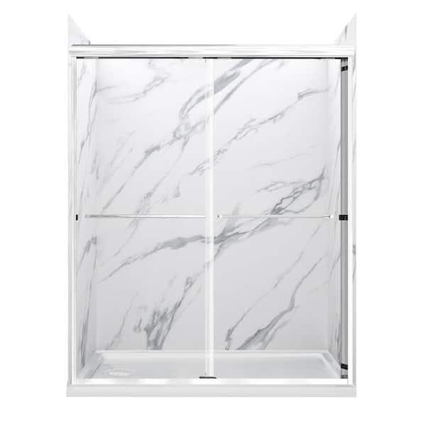 Cove Sliding 60 in. L x 30 in. W x 78 in. H Left Drain Alcove Shower Stall Kit in Carrara and Silver Hardware