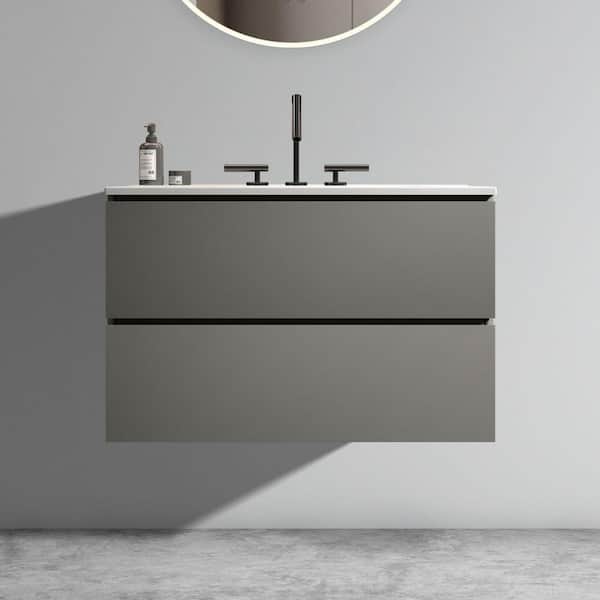30 in. Single Sink Floating Gray Bath Vanity with White Ceramic Top (Assembled), Handle-free Design