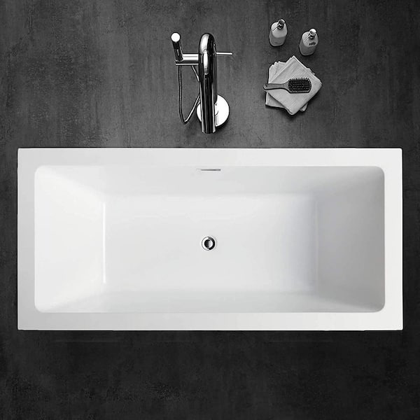 UPC Certified Modern Stand Alone Soaking Tub with Polished Chrome Slotted Overflow & Pop-up Drain Vanity Art 67-Inch Freestanding White Acrylic Bathtub VA6814-L