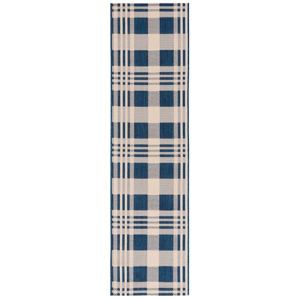 Courtyard 2 ft. x 8 ft. Navy/Beige Plaid Indoor/Outdoor Runner Rug