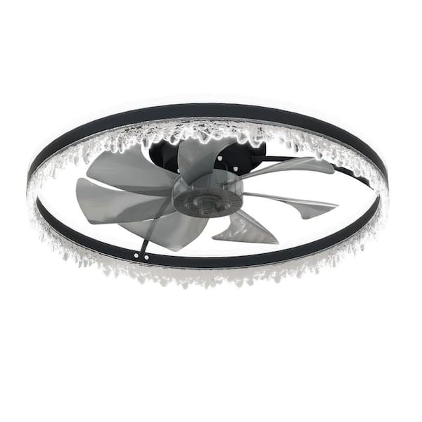 24 in. Modern Black Indoor Flush Mount Ceiling Fan w/ LED Lights, Crystal Decor, Dimmable Light, Remote and APP Control