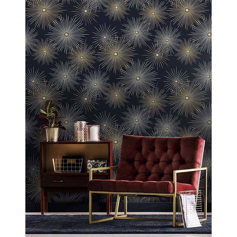 Midnight Blue and Gold Starburst Peel and Stick Wallpaper