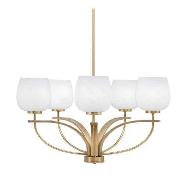 Unbranded Olympia 5-Light New Age Brass Round Chandelier with 6 in. White Marble Glass Shades, No bulbs included