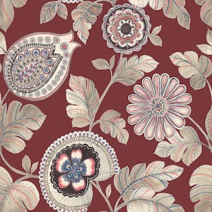 Calypso Paisley Leaf Cabernet and Coral Botanical Paper Strippable Roll (Covers 60.75 sq. ft.)