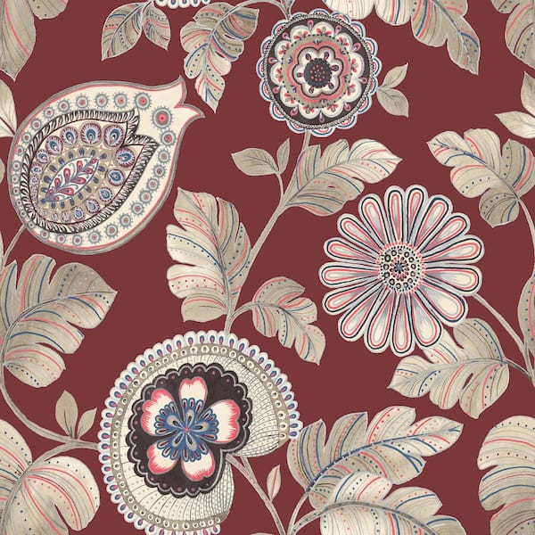 Seabrook Designs Calypso Paisley Leaf Cabernet and Coral Botanical Paper Strippable Roll (Covers 60.75 sq. ft.)