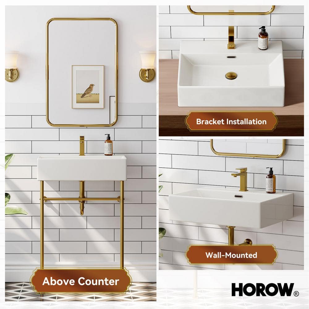 24 Inch White Ceramic Console Sink with Gold Metal Legs