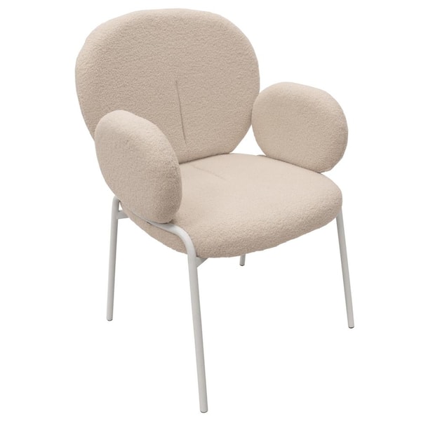 Leisuremod Celestial Modern Boucle Dining Chair with Arms in White Powder Coated Iron Frame, White