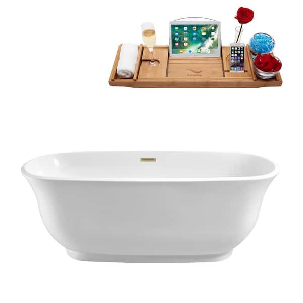 59 in. x 28 in. Acrylic Freestanding Soaking Bathtub in Glossy White with Brushed Brass Drain