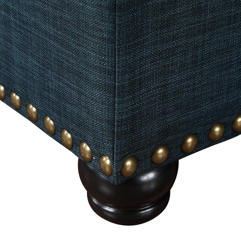 Elegant Dark Blue Tufted Storage Ottoman with Antique Nailhead Trim