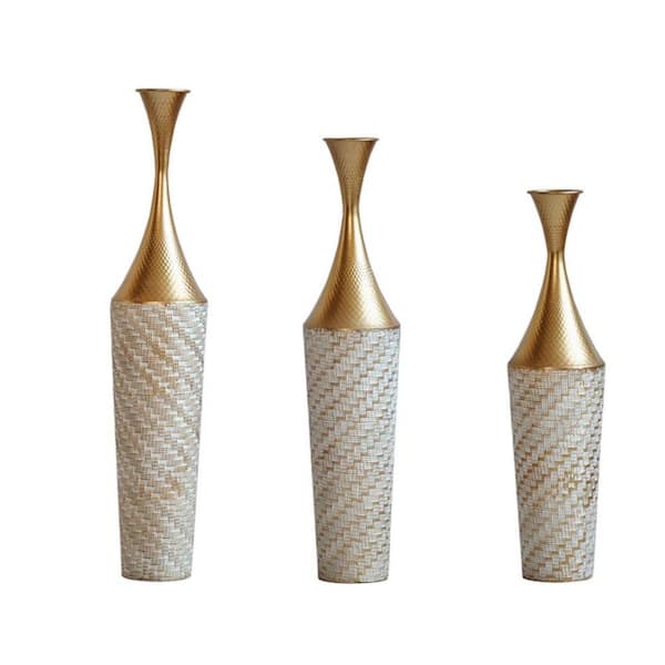 PRIMROSE CARNATION LLC Modern Style Woven Pattern 35 in. Gold Large Glazed Metal Cylinder Floor Decorative Vase set of 3, for Living Room