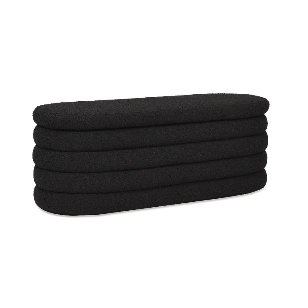 Ebony Black Boucle Upholstered Oval Storage Bench with Hinged Lid
