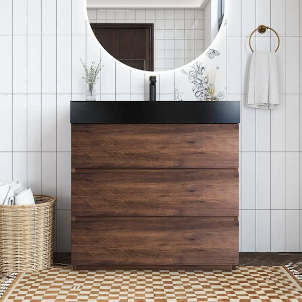 Unbranded 36 in. W x 18 in. D x 37 in. H Single Sink Freestanding Bath Vanity in Walnut with Black Quartz Sand Top