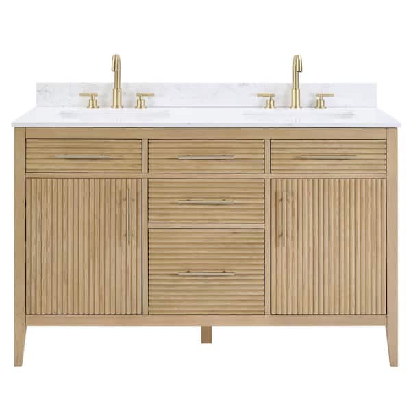 55 in. W x 22 in. D x 34 in. H Double Sinks Freestanding Fluted Fawn Oak Bath Vanity with Calacatta Cultured Marble Top
