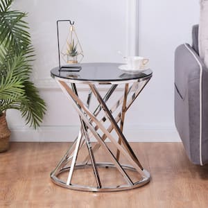 19.5 in. W Modern Spiral Center Round Glass Top Side Table with Black Grey Tempered Glass, Silver Stainless Steel Frame