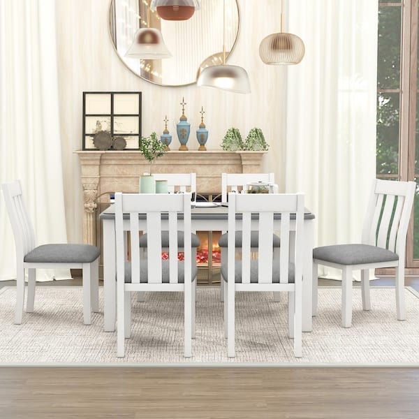 7-Piece Retro White/gray Extendable Wood Top Dining Room Set Seats 6