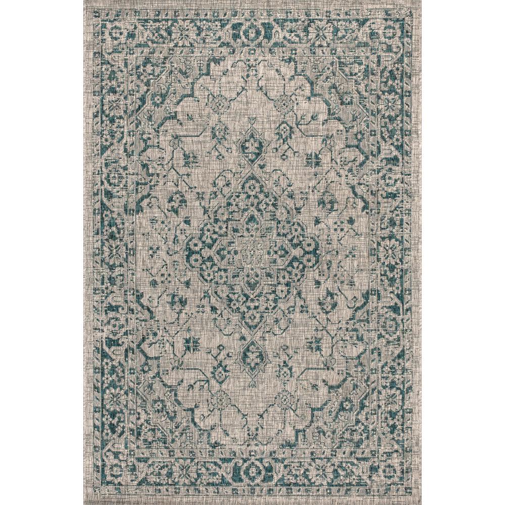 Rozetta Gray and Teal Medallion Synthetic Area Rug
