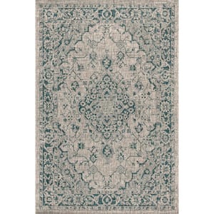 Rozetta Boho Gray/Teal 5 ft. Medallion Textured Weave Indoor/Outdoor Square Area Rug