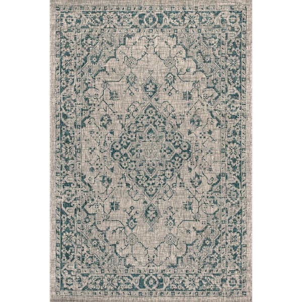 Rozetta Boho Medallion Textured Weave Gray/Teal 9 ft. x 12 ft. Indoor/Outdoor Area Rug