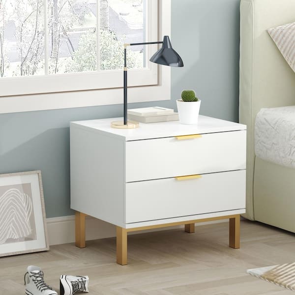 FUFU GAGA 2 Drawer White Wooden 17.9 High Nightstand Bedside Table with 4 Gold Metal Legs 15.7 in. D x 19.7 in. W x 17.9 in. H Mathis Home