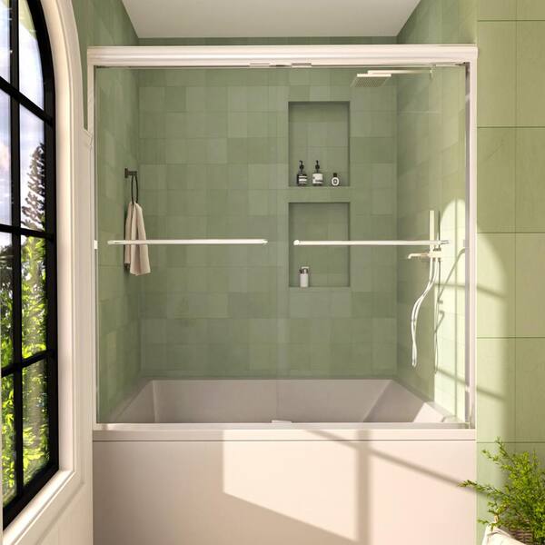 Hermitage Bath Nepti 60 in. W x 56 in. H Sliding Semi Frameless Tub Door in Silver Finish with Clear Glass