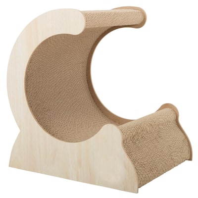 Natural Wood Color Curved Cat Scratching Post - Wood and Cardboard Partial Loop Scratcher for Kittens and Cats