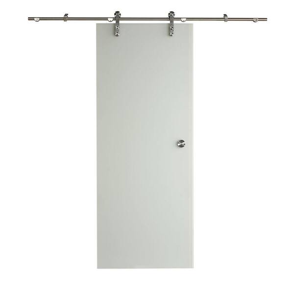 Pinecroft 32 in. x 81 in. Ice Glass Sliding Barn Door with Hardware Kit