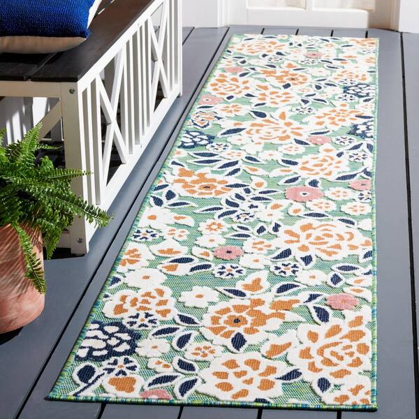 Cabana Green/Navy 2 ft. x 10 ft. High-Low Floral Indoor/Outdoor Runner Rug